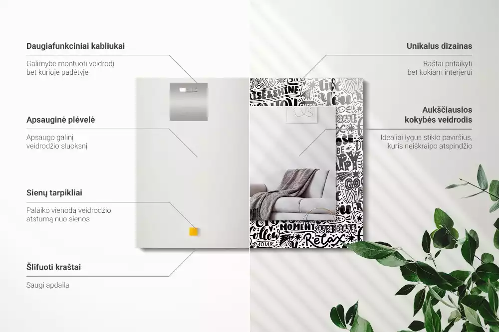 Oglindă dreptunghiulară decorativă cu inscripții motivaționale scrise de mână