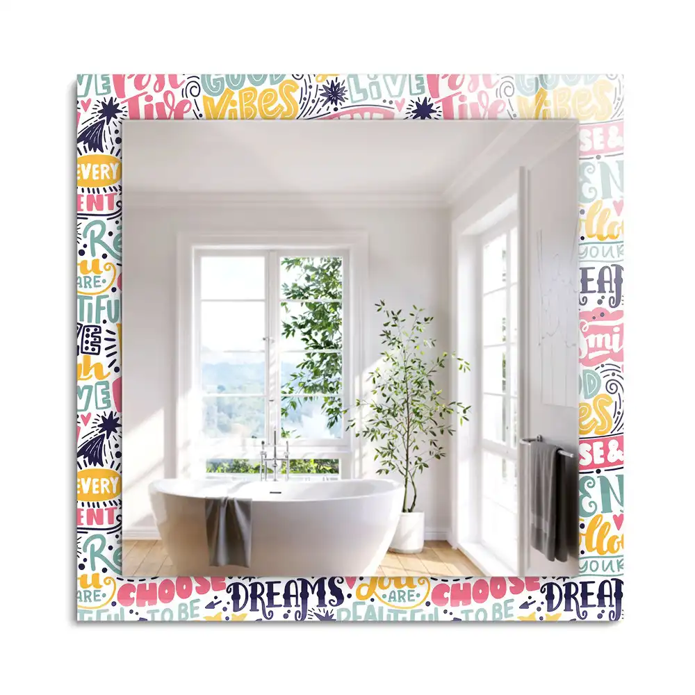 Oglindă decorativă de perete dreptunghiulară cu inscripții motivaționale colorate