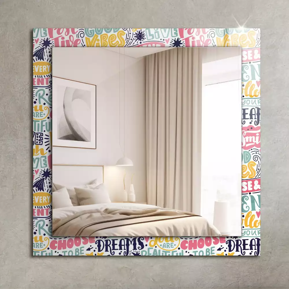 Oglindă decorativă de perete dreptunghiulară cu inscripții motivaționale colorate