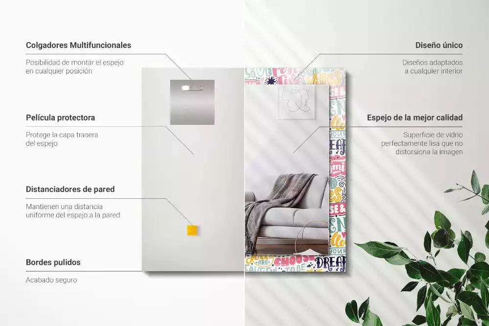 Oglindă decorativă de perete dreptunghiulară cu inscripții motivaționale colorate