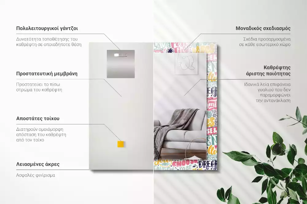 Oglindă decorativă de perete dreptunghiulară cu inscripții motivaționale colorate