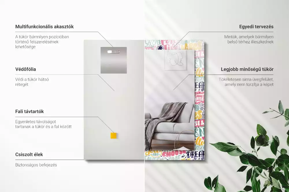 Oglindă decorativă de perete dreptunghiulară cu inscripții motivaționale colorate