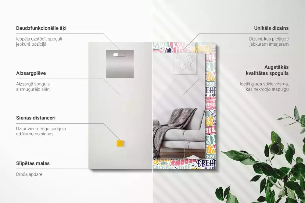 Oglindă decorativă de perete dreptunghiulară cu inscripții motivaționale colorate