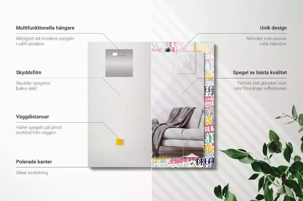 Oglindă decorativă de perete dreptunghiulară cu inscripții motivaționale colorate