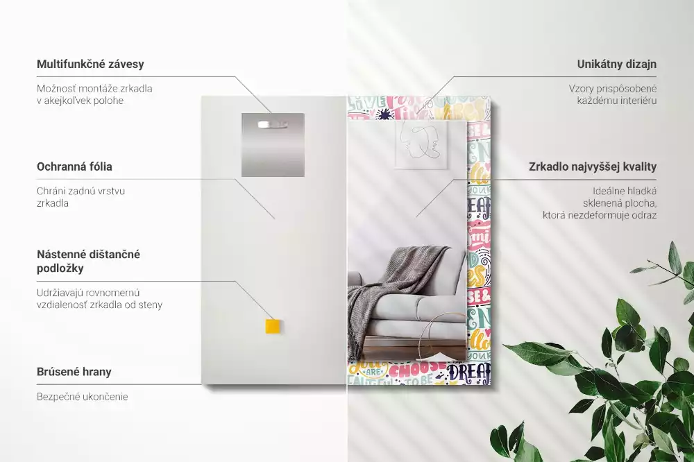 Oglindă decorativă de perete dreptunghiulară cu inscripții motivaționale colorate