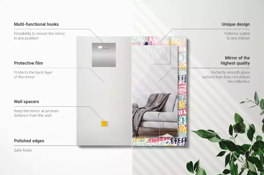 Oglindă decorativă de perete dreptunghiulară cu inscripții motivaționale colorate