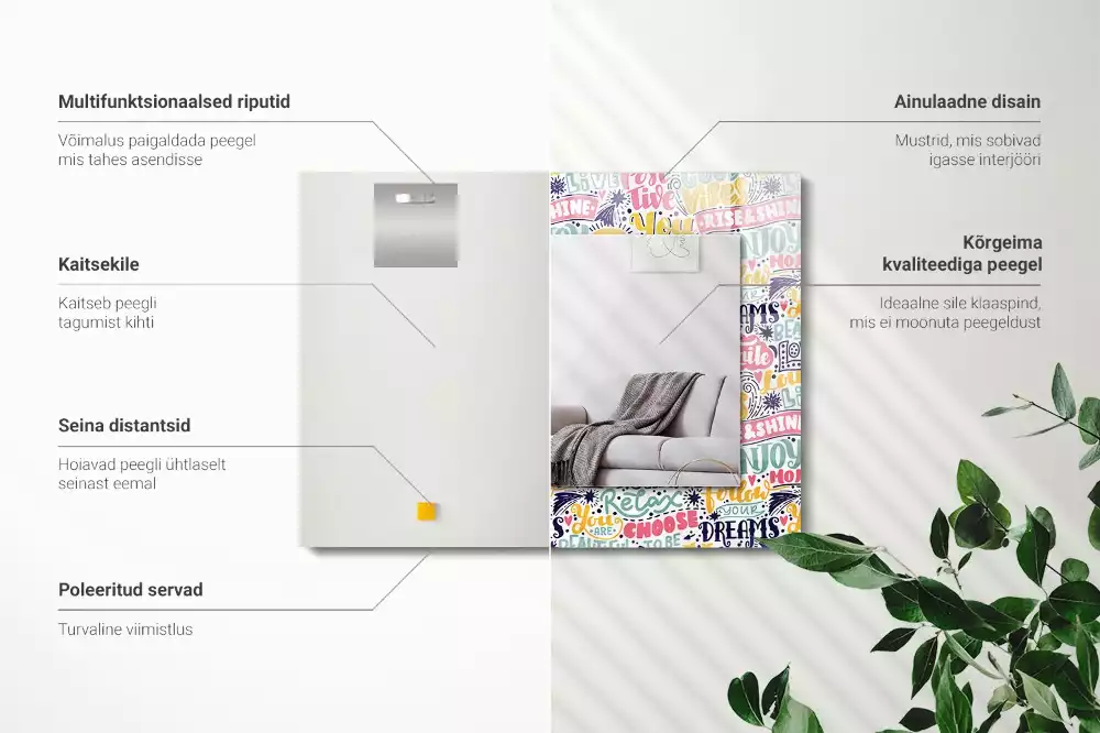 Oglindă decorativă de perete dreptunghiulară cu inscripții motivaționale colorate