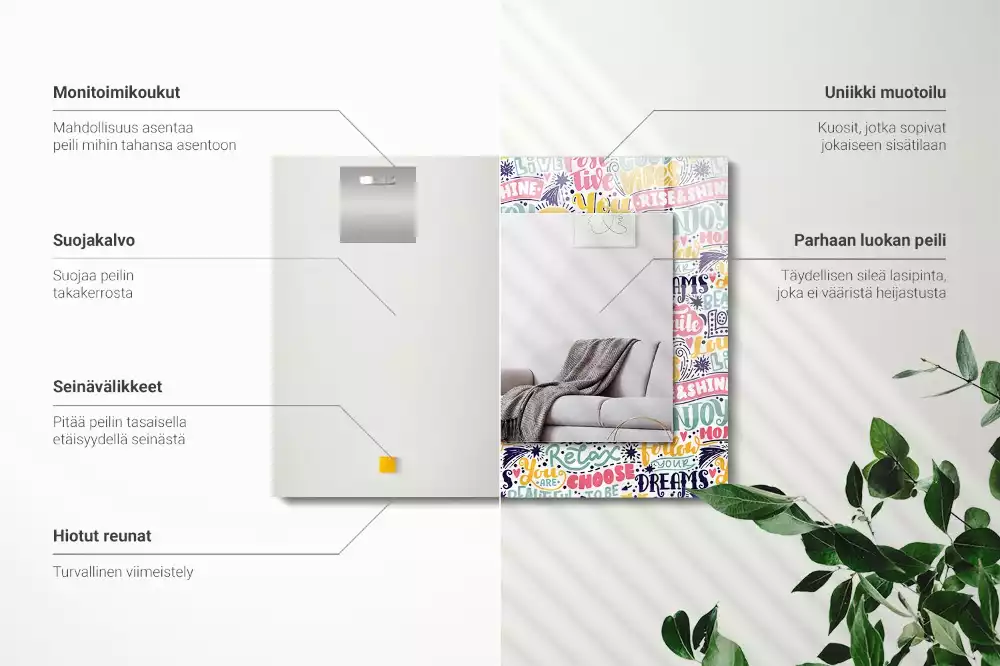 Oglindă decorativă de perete dreptunghiulară cu inscripții motivaționale colorate
