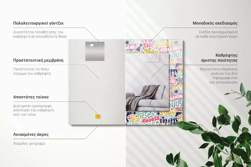 Oglindă decorativă de perete dreptunghiulară cu inscripții motivaționale colorate