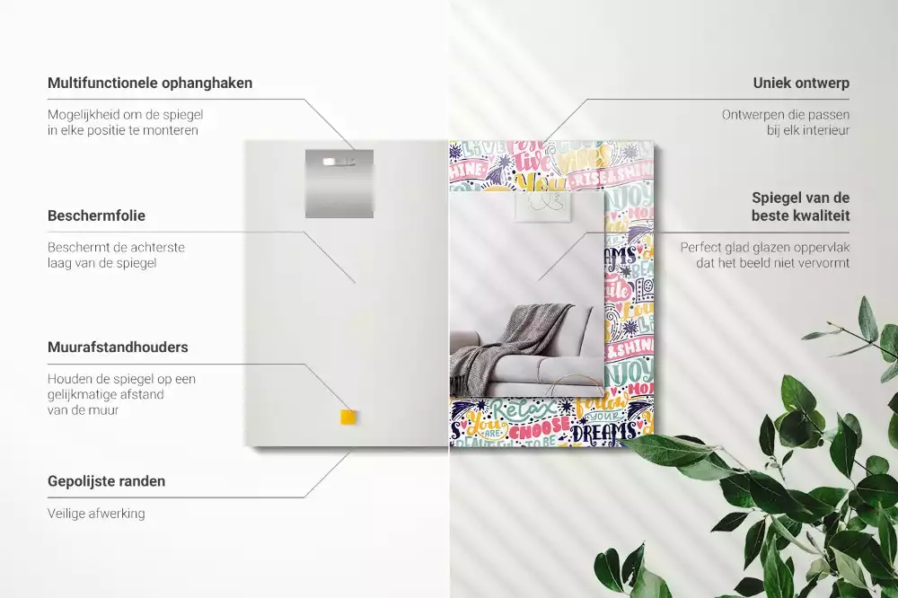 Oglindă decorativă de perete dreptunghiulară cu inscripții motivaționale colorate