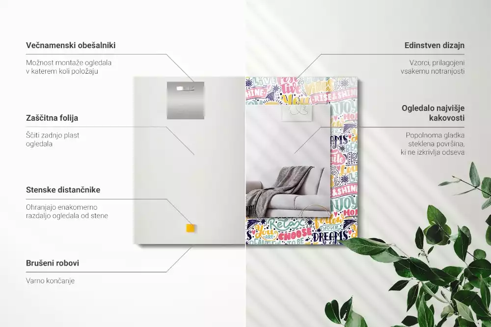 Oglindă decorativă de perete dreptunghiulară cu inscripții motivaționale colorate