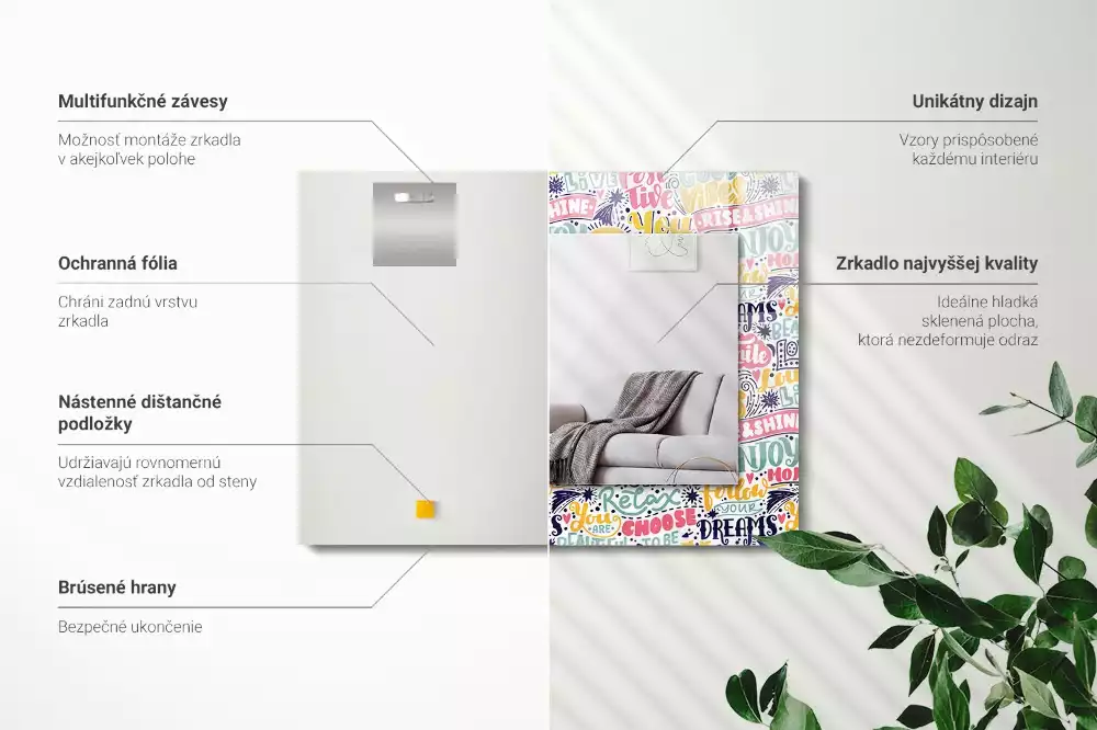 Oglindă decorativă de perete dreptunghiulară cu inscripții motivaționale colorate