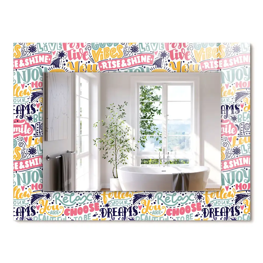 Oglindă decorativă de perete dreptunghiulară cu inscripții motivaționale colorate