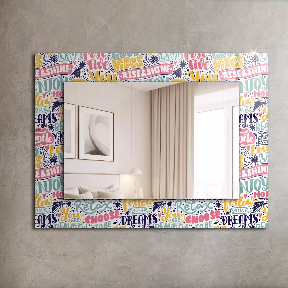 Oglindă decorativă de perete dreptunghiulară cu inscripții motivaționale colorate