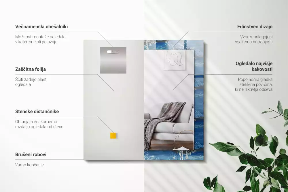 Oglindă dreptunghiulară cu ramă imprimată cu peisaj de copaci