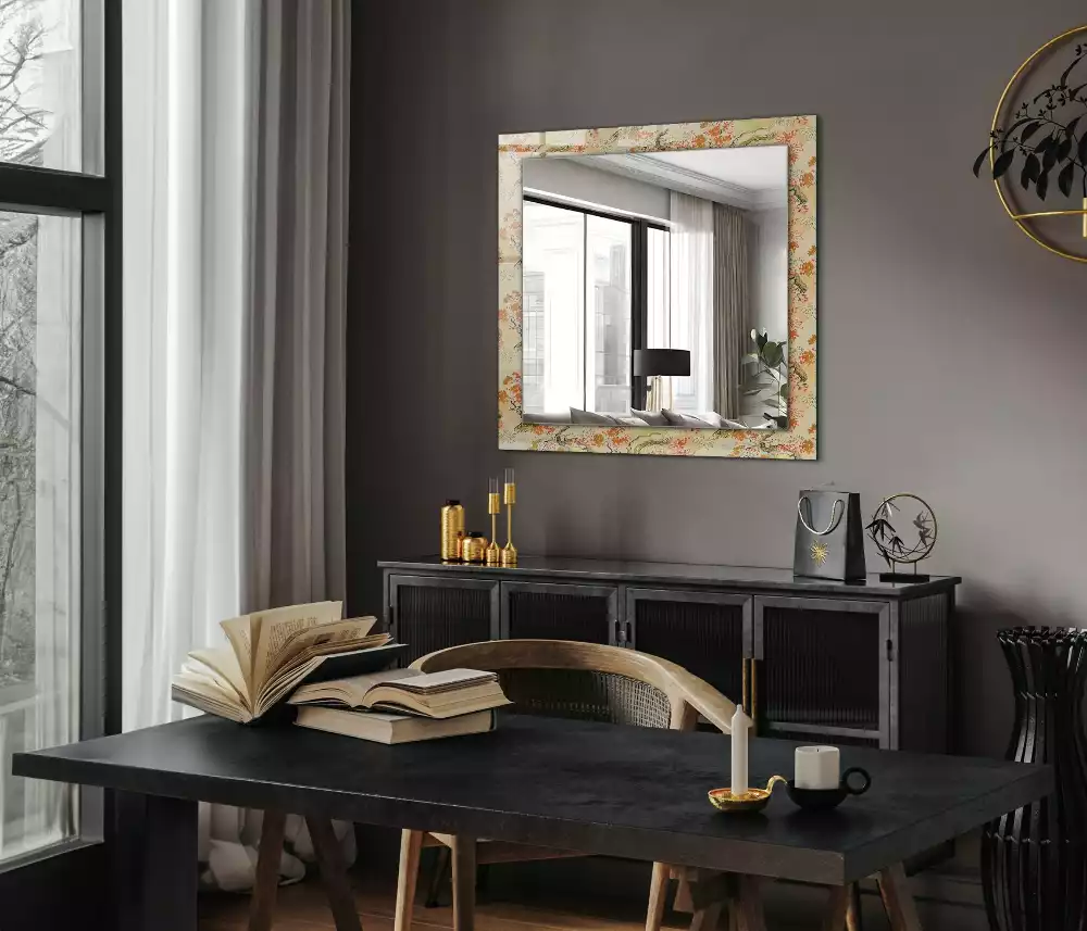 Oglindă decorativă dreptunghiulară cu design grădină japoneză
