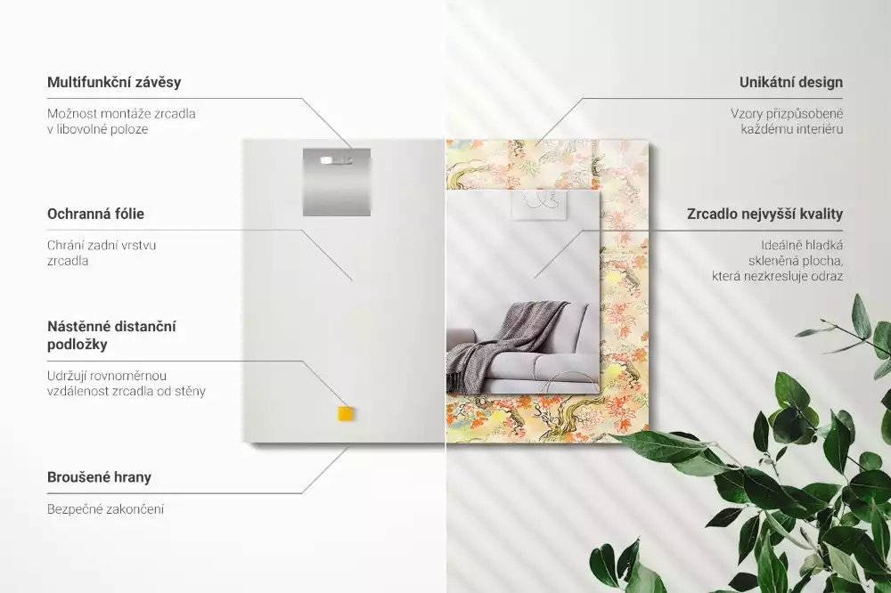 Oglindă decorativă dreptunghiulară cu design grădină japoneză