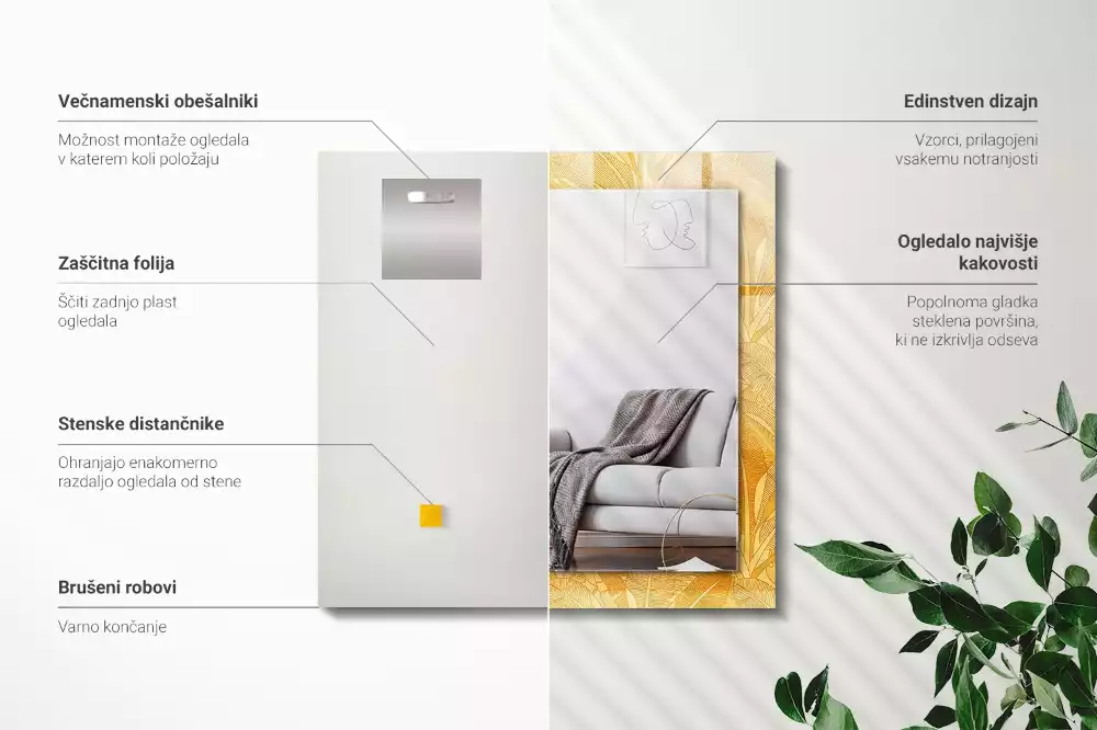 Oglindă dreptunghiulară cu model de frunze portocalii