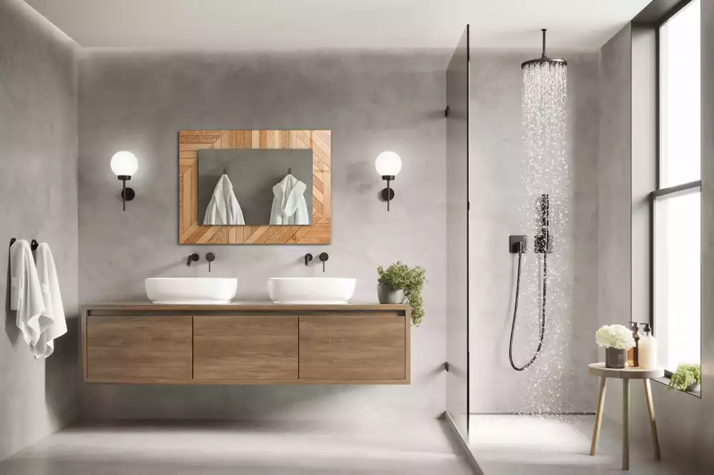 Oglindă dreptunghiulară cu ramă cu imprimeu de parchet din lemn