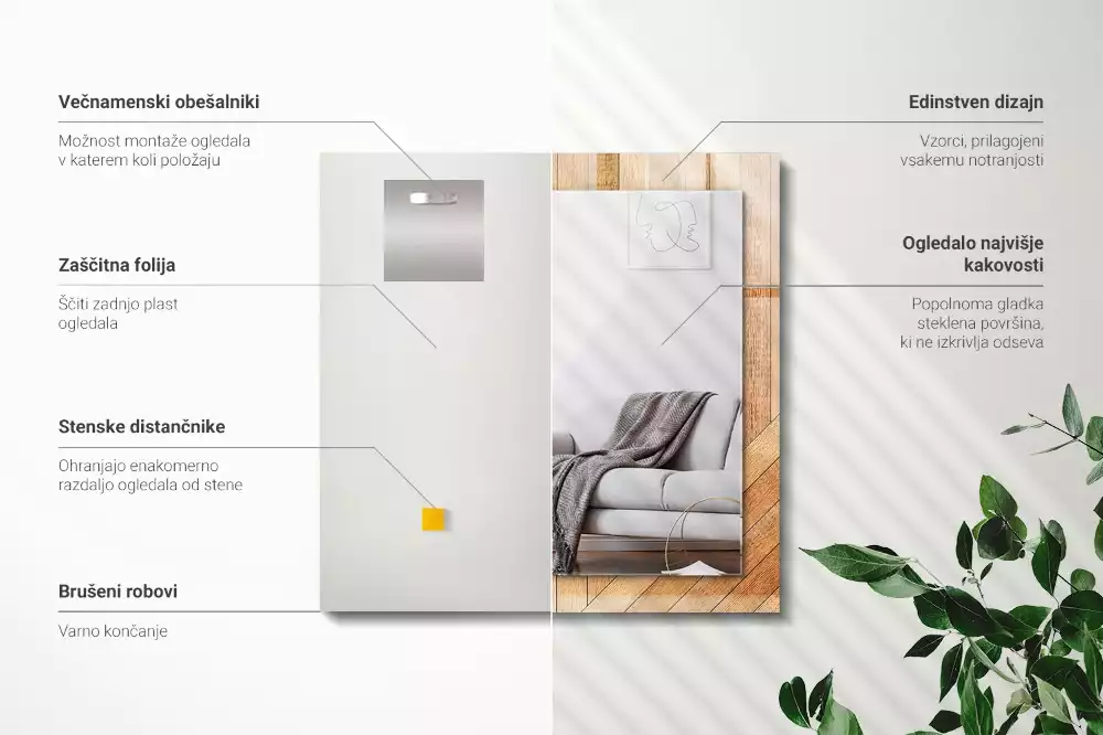 Oglindă dreptunghiulară cu ramă cu imprimeu de parchet din lemn