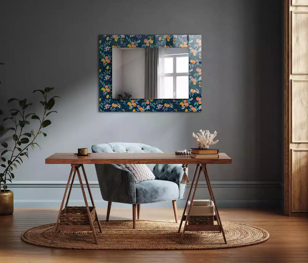 Oglindă dreptunghiulară cu decor floral și fructe