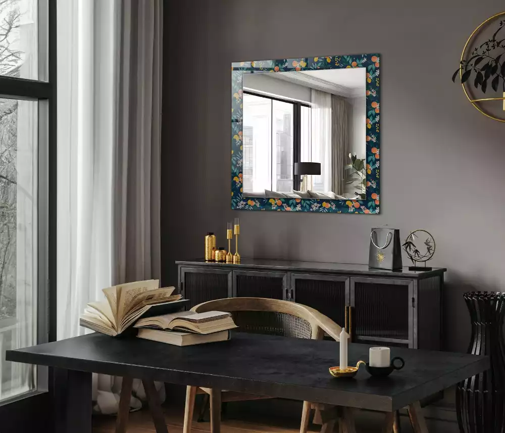 Oglindă dreptunghiulară cu decor floral și fructe