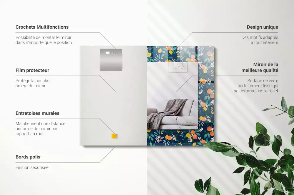 Oglindă dreptunghiulară cu decor floral și fructe