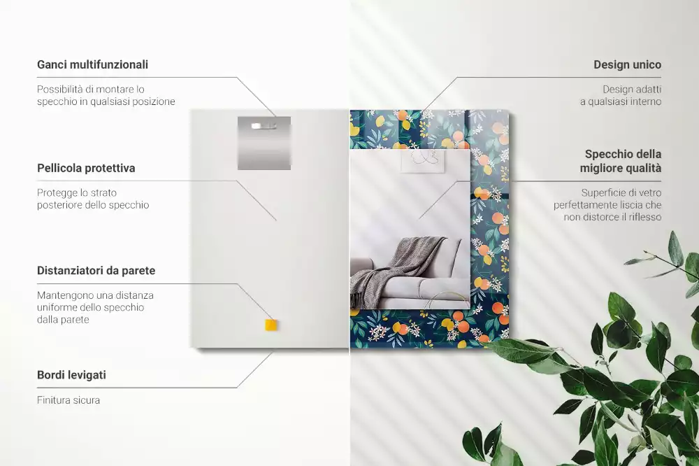 Oglindă dreptunghiulară cu decor floral și fructe