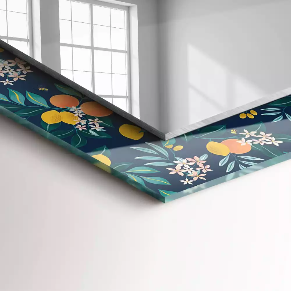 Oglindă dreptunghiulară cu decor floral și fructe