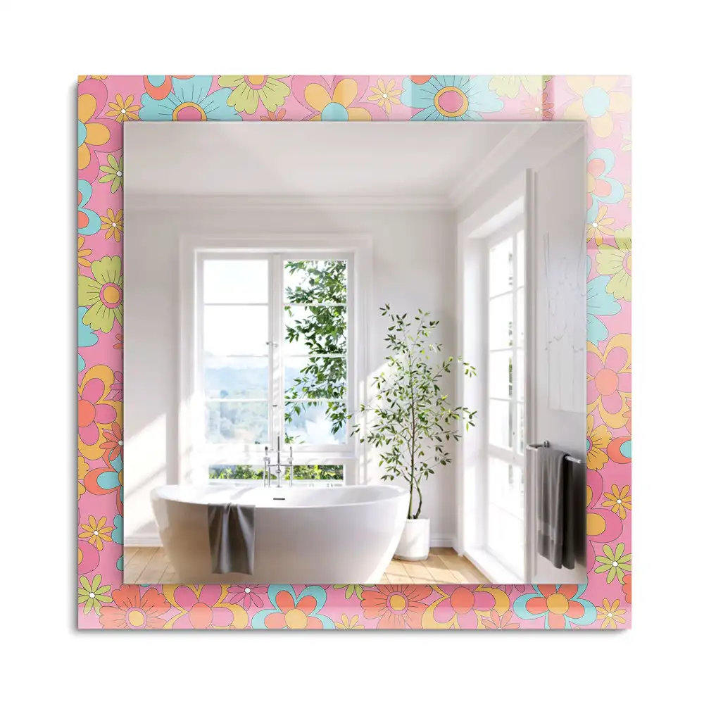 Oglindă dreptunghiulară cu decor floral colorat