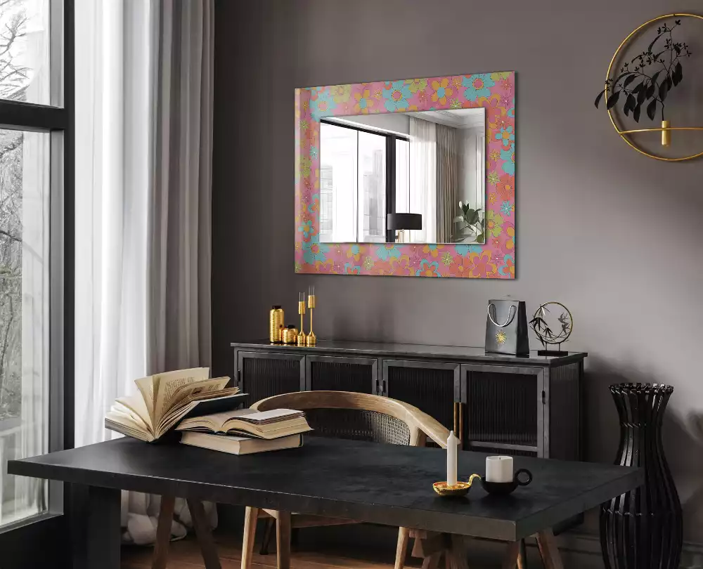 Oglindă dreptunghiulară cu decor floral colorat