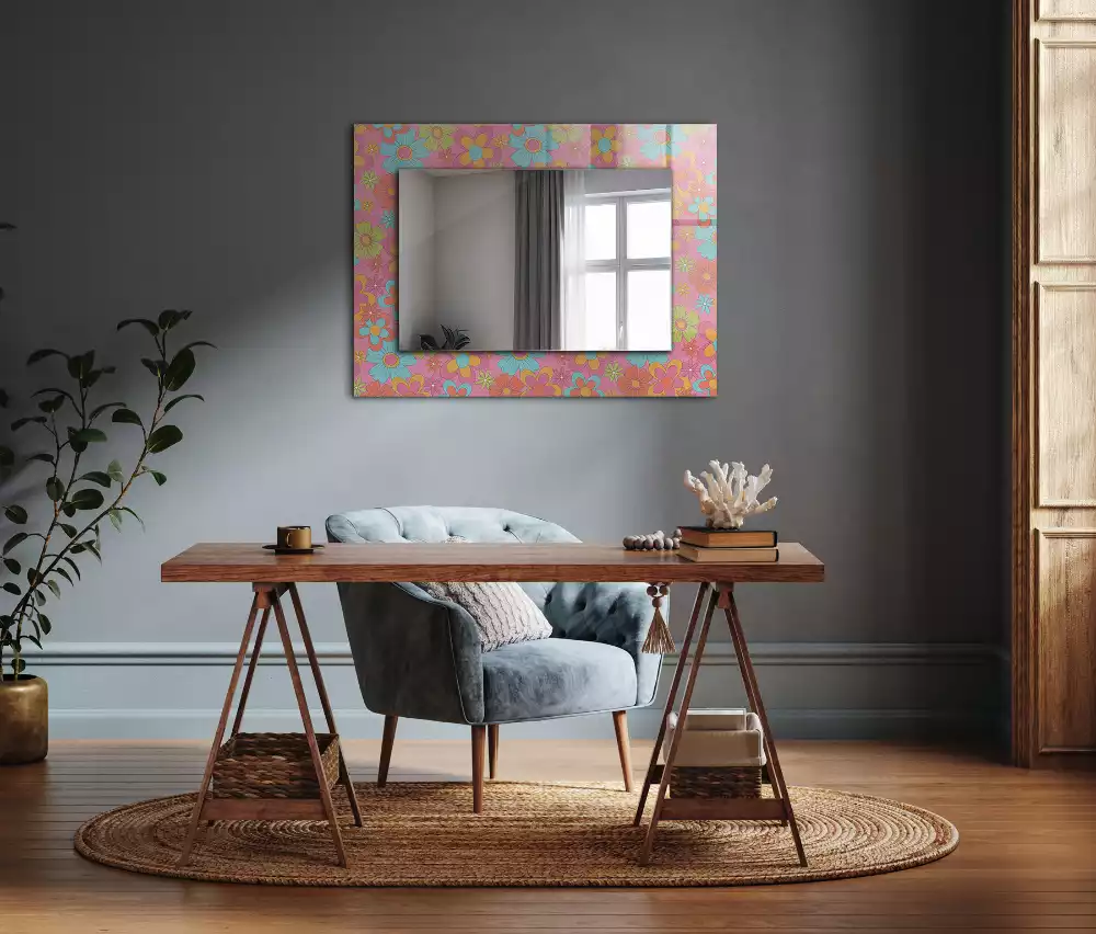 Oglindă dreptunghiulară cu decor floral colorat