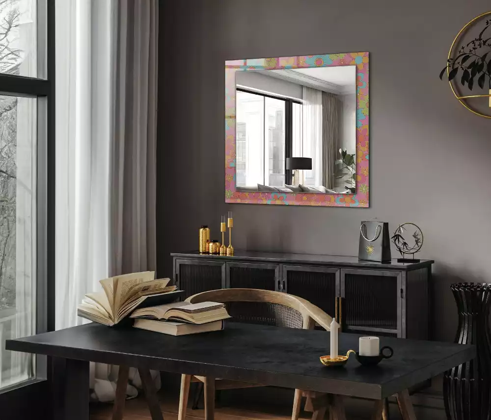 Oglindă dreptunghiulară cu decor floral colorat
