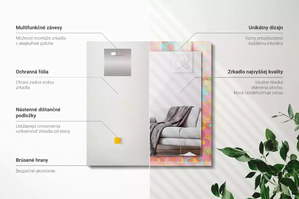 Oglindă dreptunghiulară cu decor floral colorat