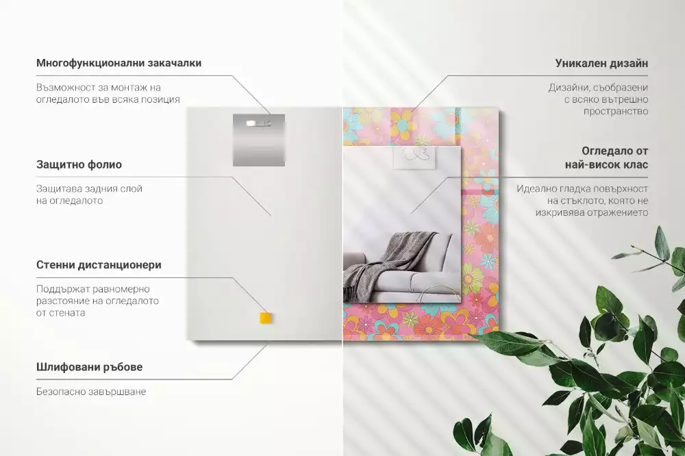 Oglindă dreptunghiulară cu decor floral colorat