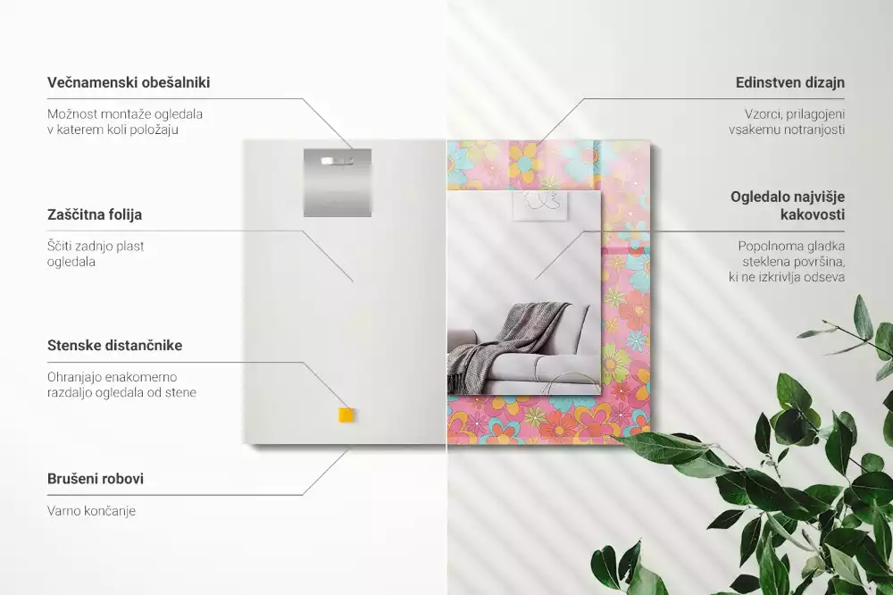 Oglindă dreptunghiulară cu decor floral colorat
