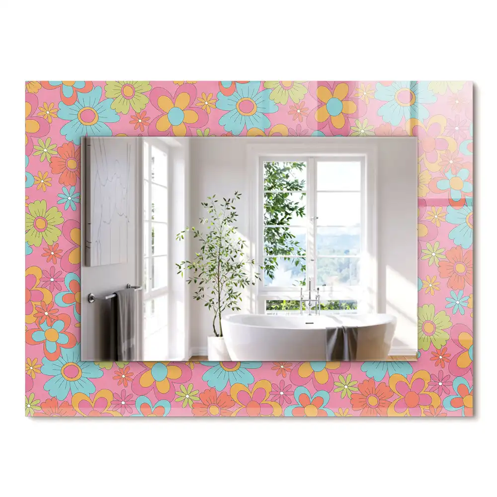 Oglindă dreptunghiulară cu decor floral colorat