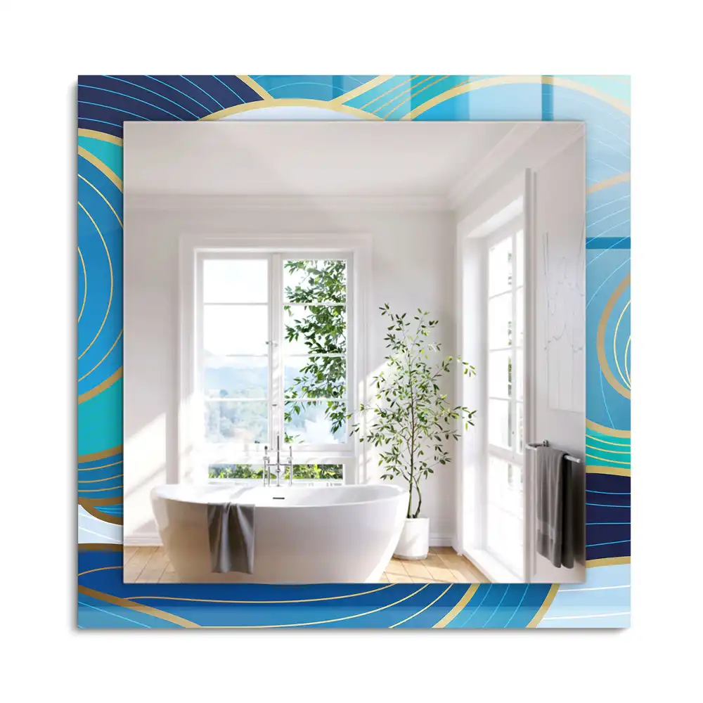 Oglindă decorativă de perete dreptunghiulară cu model cu valuri albastre