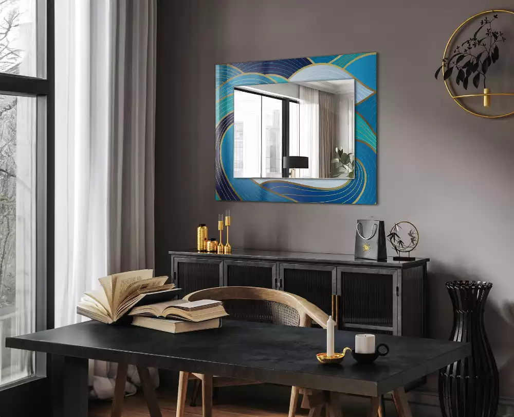 Oglindă decorativă de perete dreptunghiulară cu model cu valuri albastre