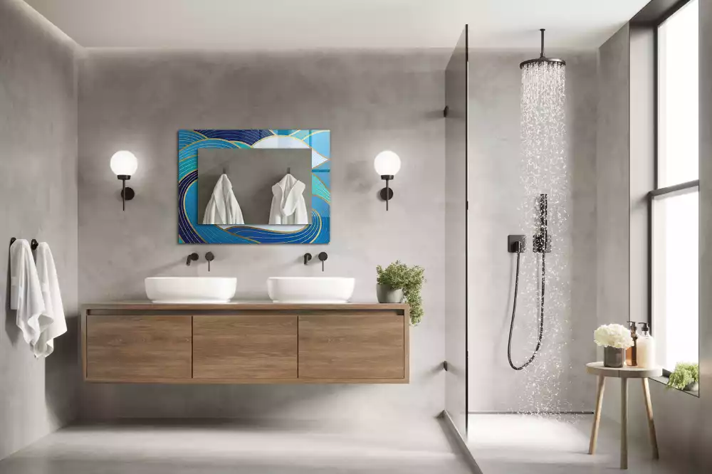 Oglindă decorativă de perete dreptunghiulară cu model cu valuri albastre