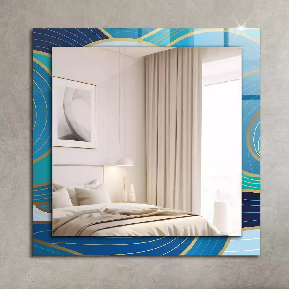 Oglindă decorativă de perete dreptunghiulară cu model cu valuri albastre