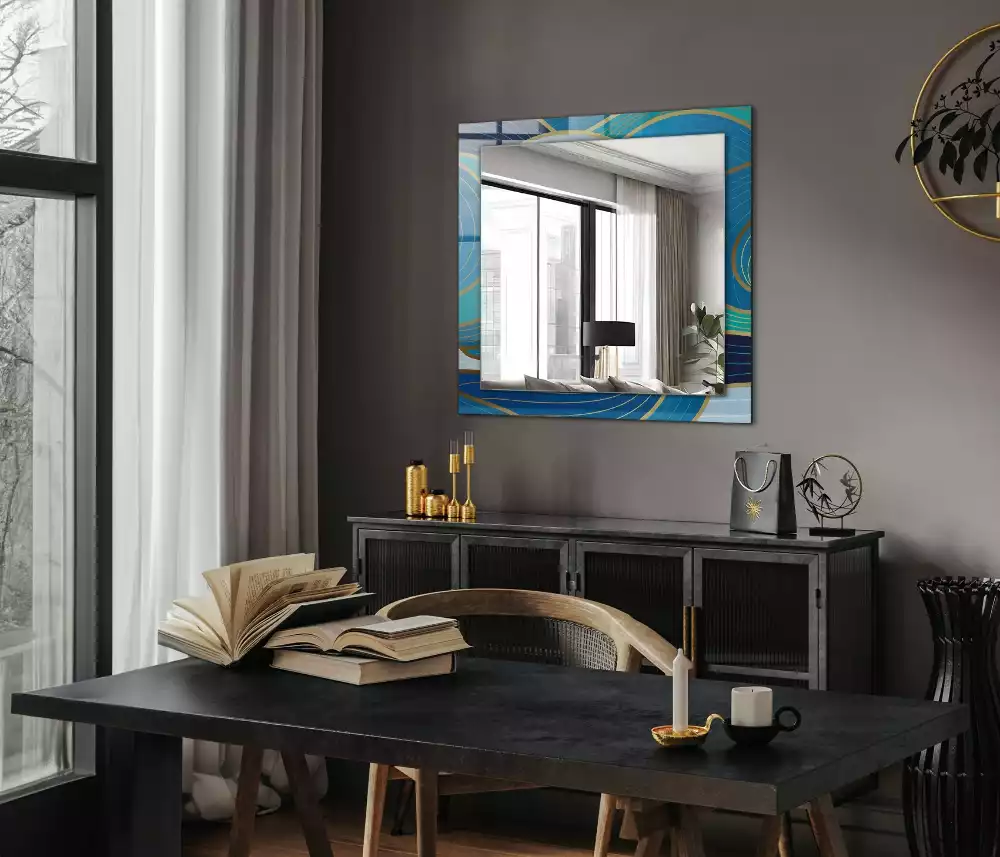 Oglindă decorativă de perete dreptunghiulară cu model cu valuri albastre