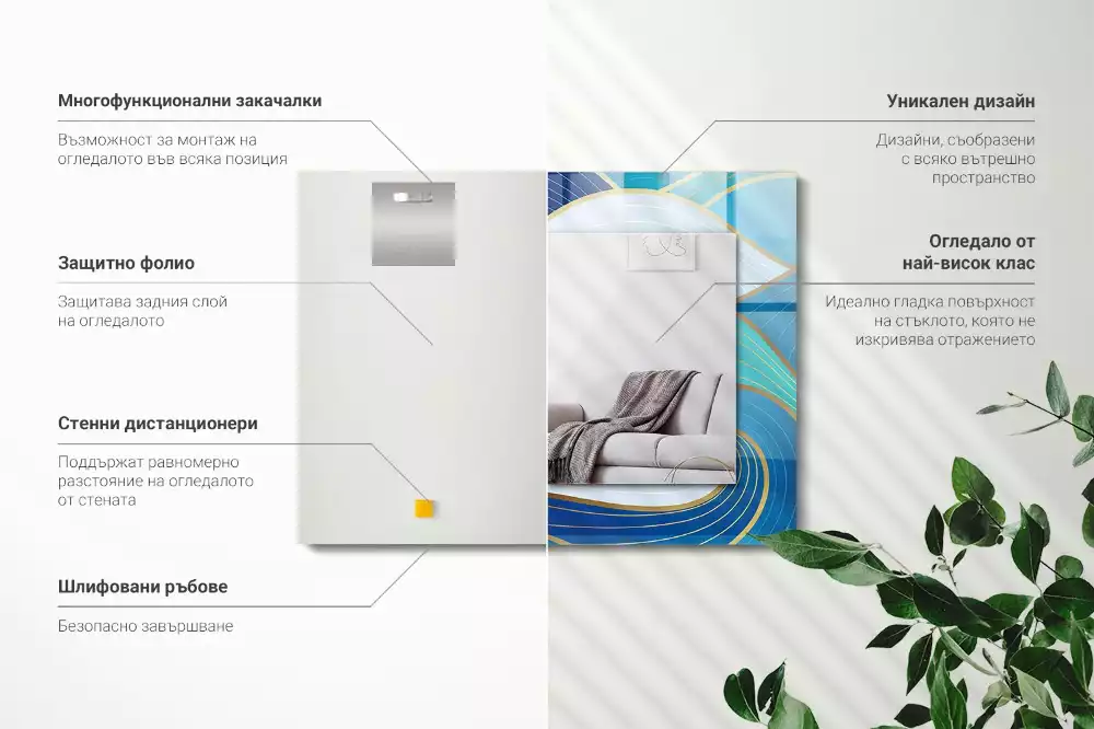Oglindă decorativă de perete dreptunghiulară cu model cu valuri albastre