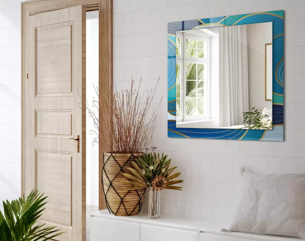 Oglindă decorativă de perete dreptunghiulară cu model cu valuri albastre