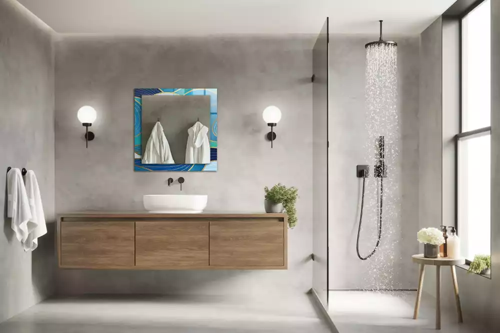 Oglindă decorativă de perete dreptunghiulară cu model cu valuri albastre