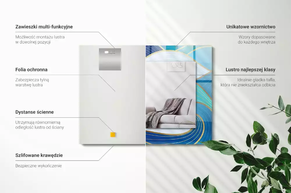 Oglindă decorativă de perete dreptunghiulară cu model cu valuri albastre