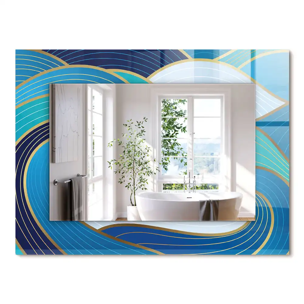 Oglindă decorativă de perete dreptunghiulară cu model cu valuri albastre