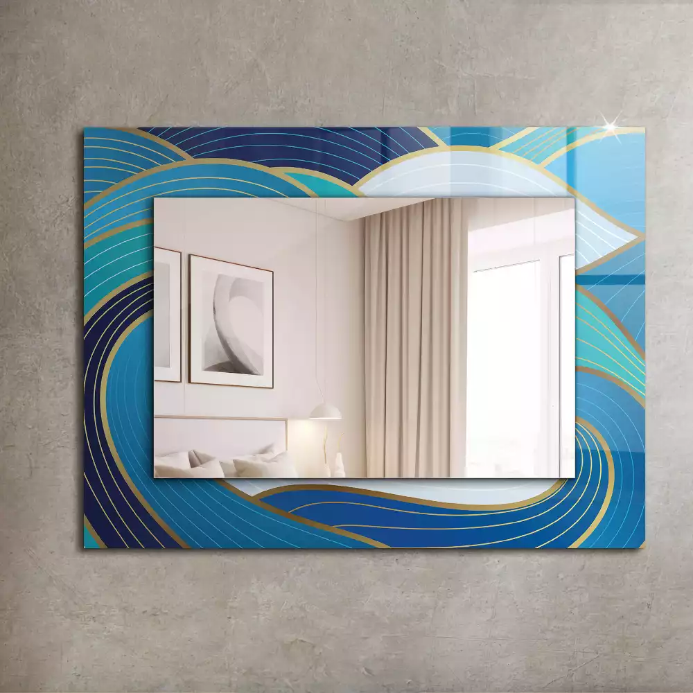 Oglindă decorativă de perete dreptunghiulară cu model cu valuri albastre
