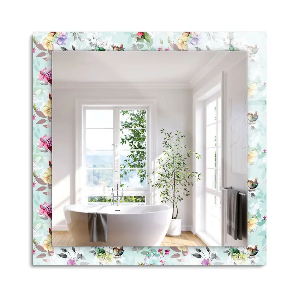 Oglindă dreptunghiulară cu ramă imprimeu floral și păsări