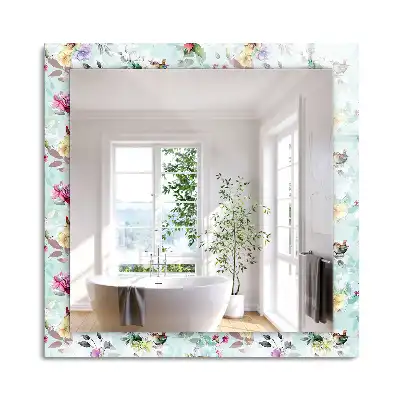 Oglindă dreptunghiulară cu ramă imprimeu floral și păsări